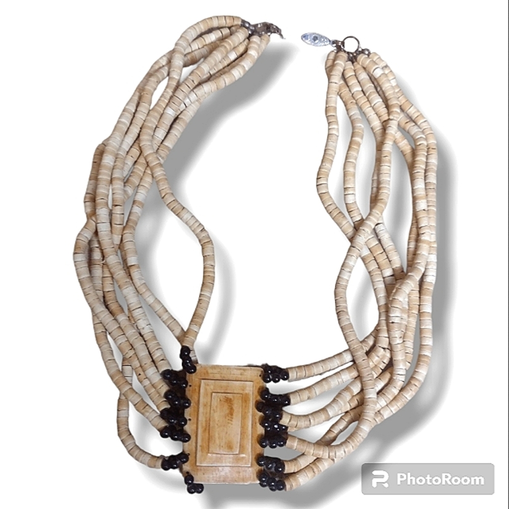 Vintage Multi Strand Necklace w/ Black & Cream Wood Beads & Rectangular Pendant